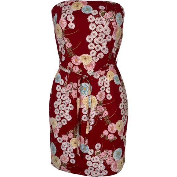 Dresses & Skirts - Vintage Y2K Red Floral Strapless Mini Dress Asian inspired Summer Boho Medium
